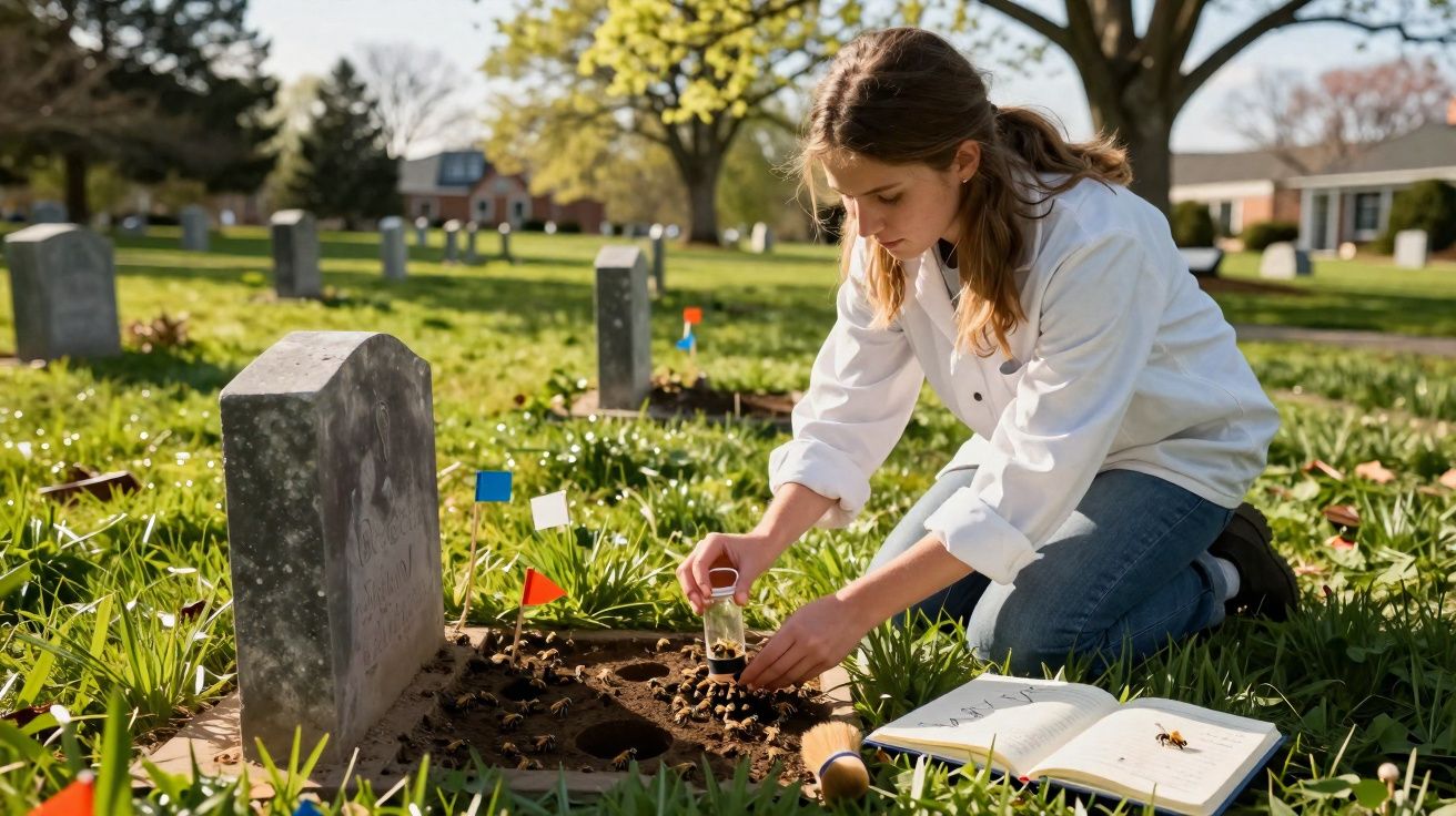 Mulher ajoelhada num cemitério a colocar terra num vaso junto a uma lápide com livro aberto ao lado.
