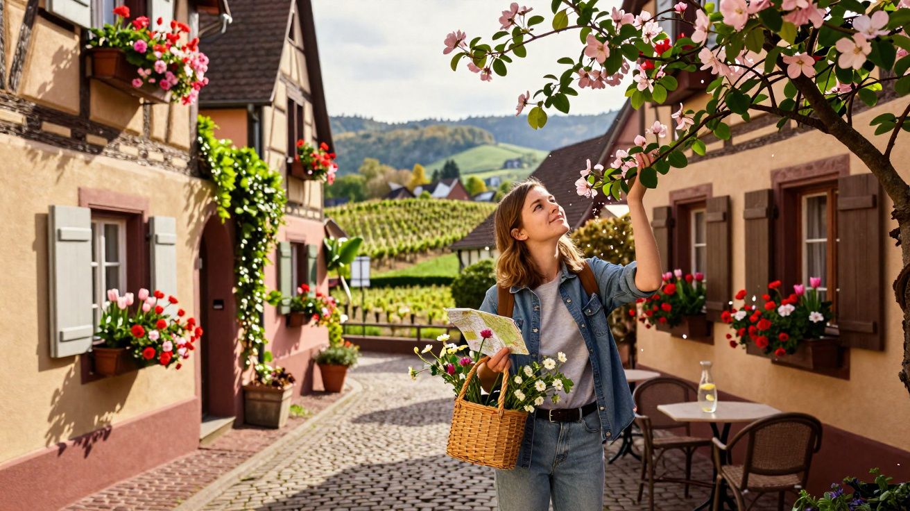 Mulher com cesta de flores num charmoso bairro com casas antigas e janelas decoradas com flores.