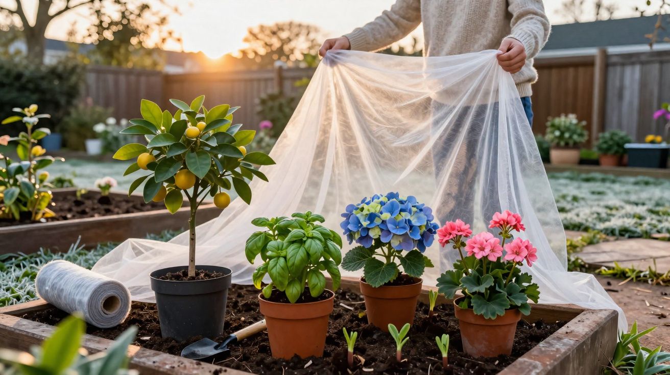 Pessoa a cobrir plantas em vaso com proteção contra geada no jardim ao nascer do sol.