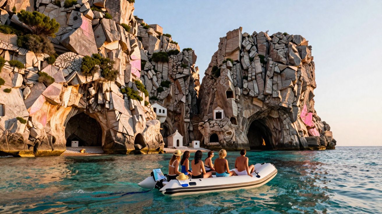 Cinco pessoas numa embarcação insuflável junto a formações rochosas com pequenas casas brancas na água cristalina.