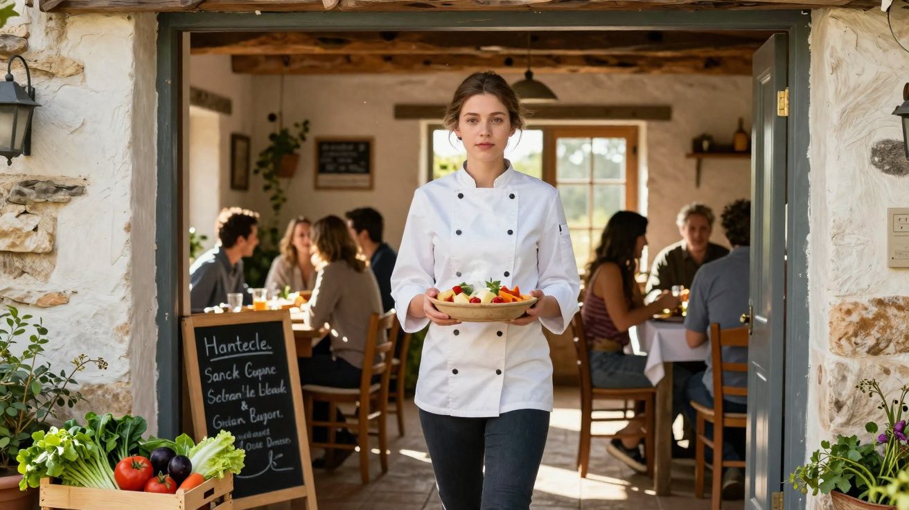 Mulher chefe de cozinha a servir prato com salada fresca numa porta aberta de restaurante acolhedor.