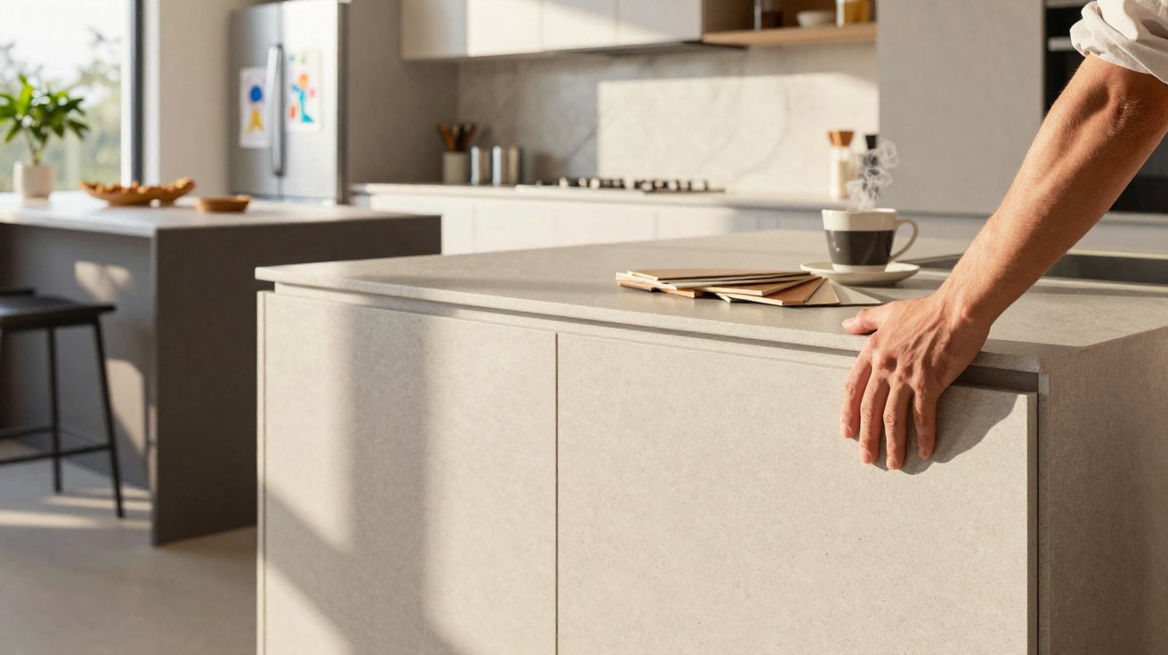 Cozinha moderna com ilha central cinzenta, estante com livros e chávena fumegante, e mão pousada na bancada.