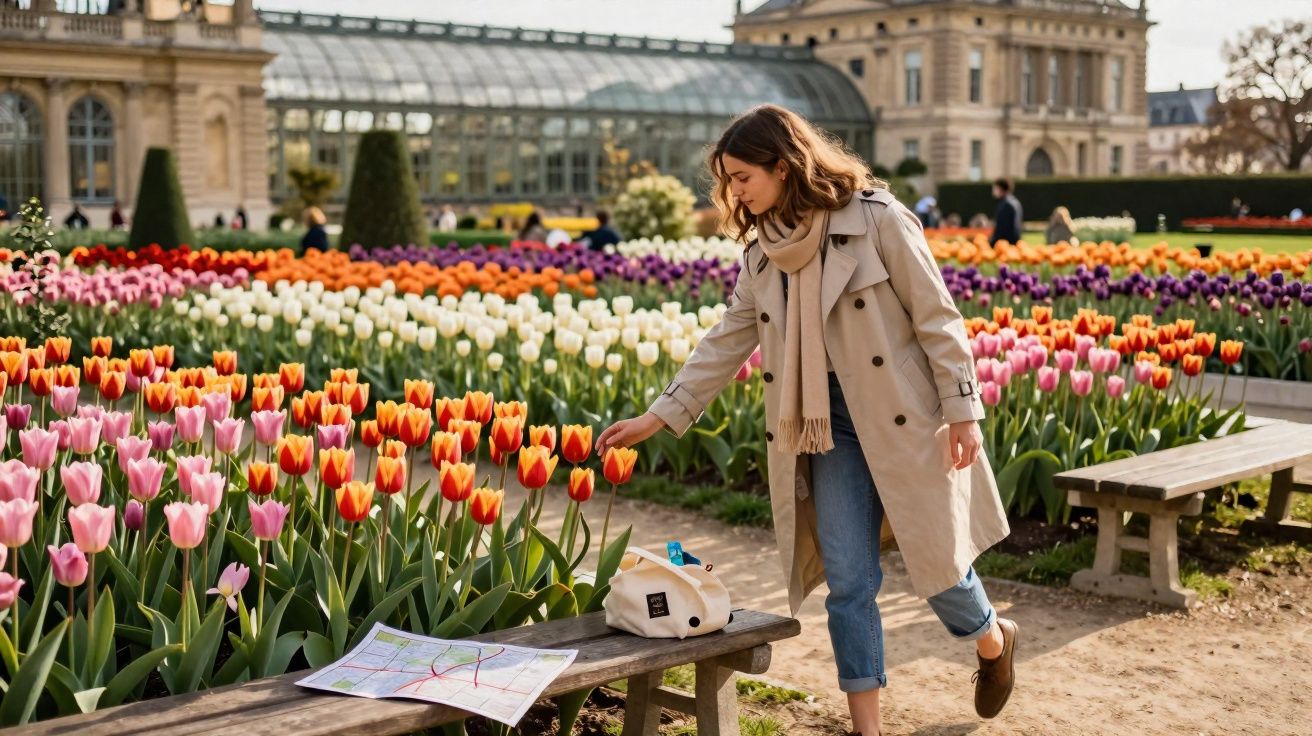 Mulher a tocar tulipas num jardim colorido com bancos e edifício histórico ao fundo.