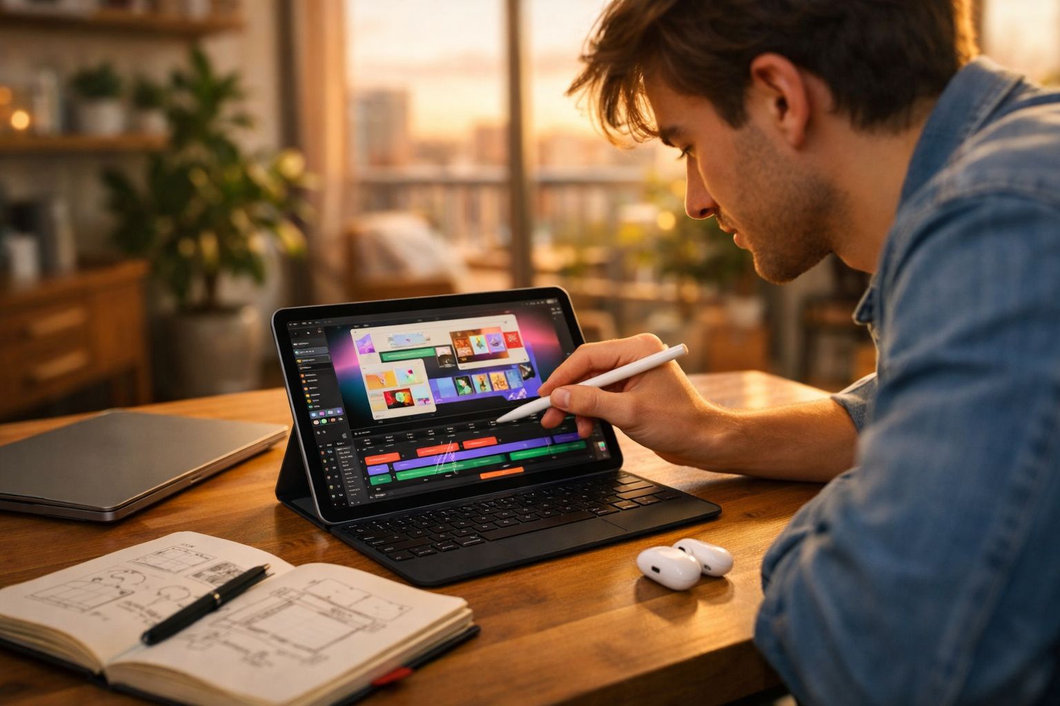 Jovem a editar vídeo num tablet com teclado, usando uma caneta digital, numa secretária com notas e earphones.