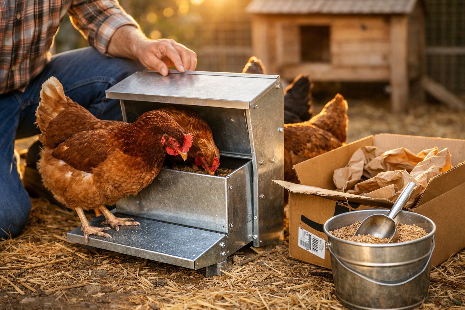 Galinha a alimentar-se numa comedouro metálico com um homem a mexer na tampa num galinheiro.