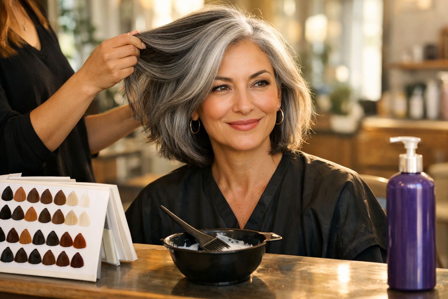 Mulher com cabelo grisalho sendo atendida num salão de cabeleireiro, sorrindo enquanto têm o cabelo tratado.