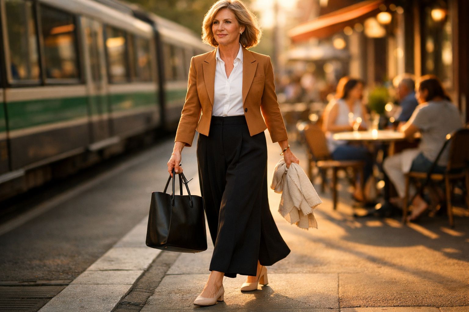 Mulher elegante com casaco castanho e mala preta caminha numa estação de comboios ao pôr do sol.