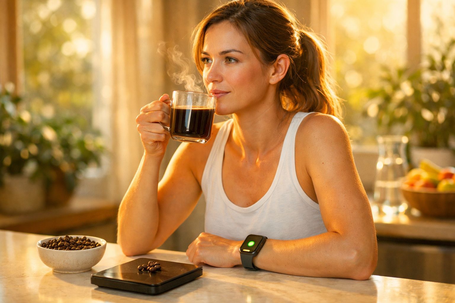 Mulher a beber café numa chávena transparente, sentada numa mesa com grãos de café e luz natural.