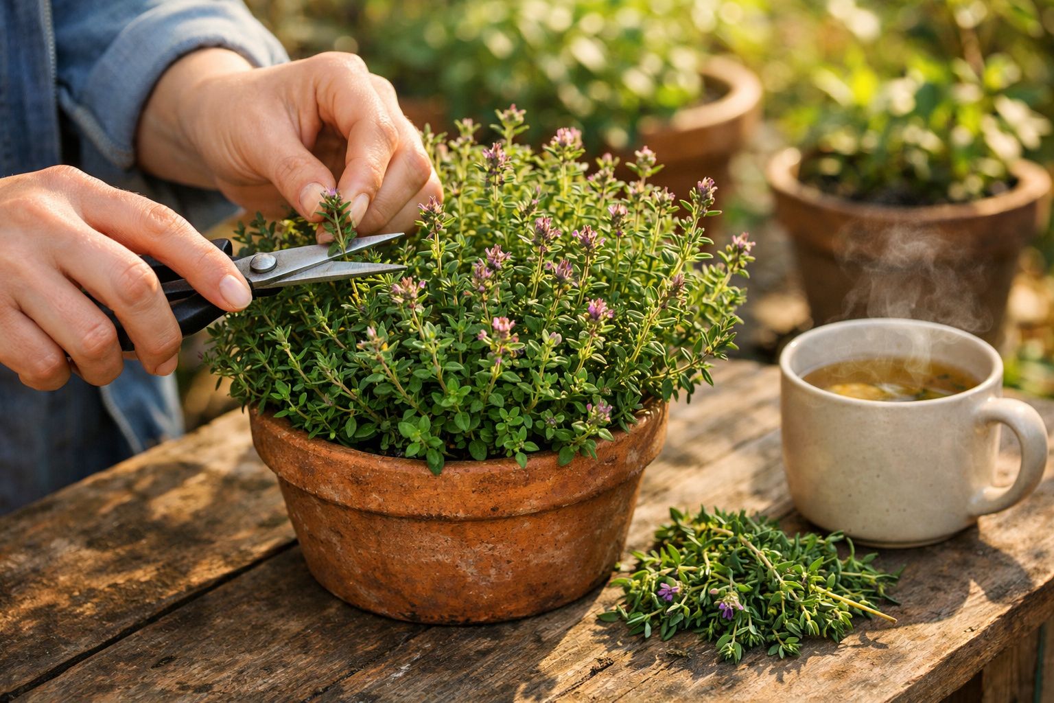Pessoa a cortar tomilho fresco em vaso de barro junto a chávena de chá fumegante sobre mesa de madeira.