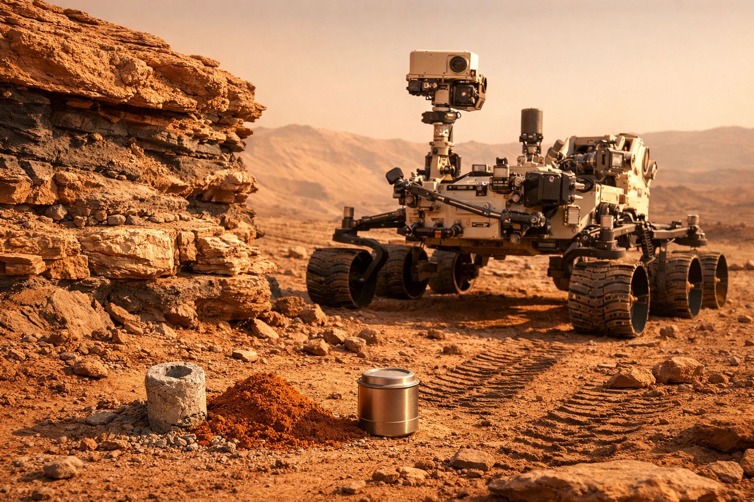 Rover exploratório em terreno rochoso vermelho com equipamentos de amostragem e rochas ao redor.