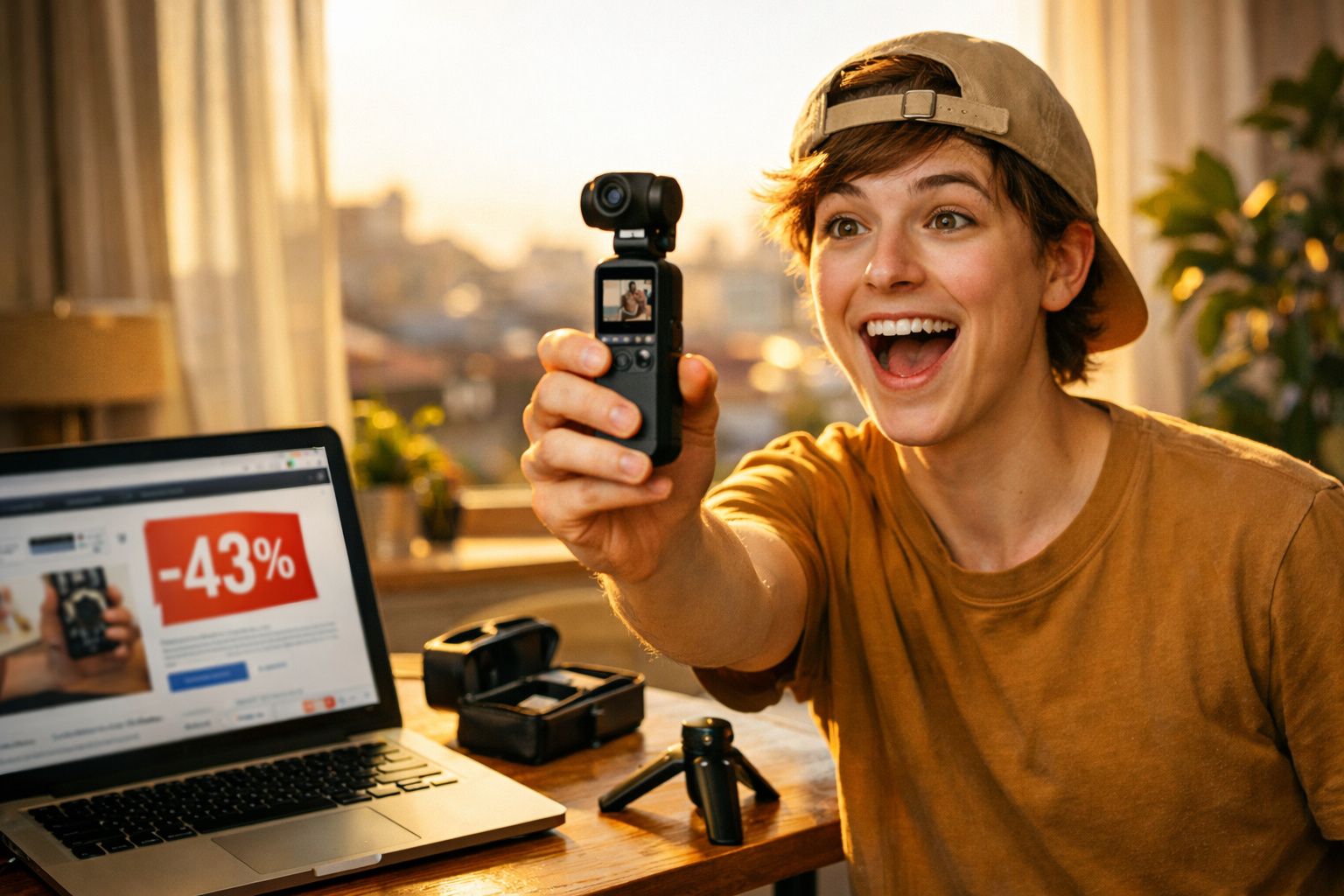 Pessoa jovem com boné, sorridente, a gravar com pequena câmara, computador com desconto visível ao fundo.