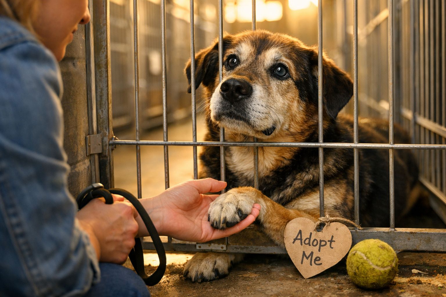 Cão num canil a segurar a pata de uma pessoa através das grades com placa "Adopt Me".