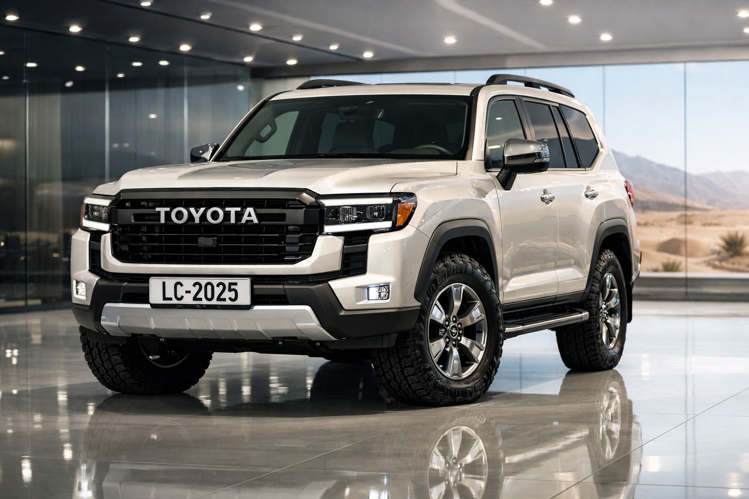 Toyota Land Cruiser branco estacionado num interior com vidro e vista para deserto.