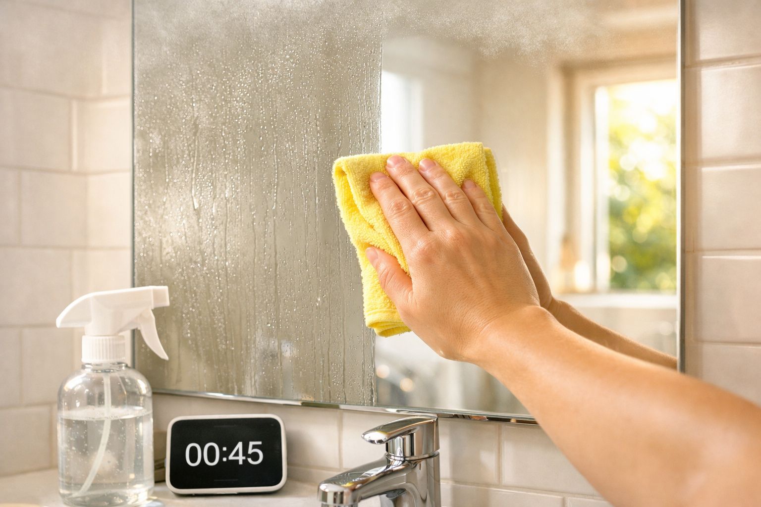 Mãos a limpar um espelho embaciado com um pano amarelo num casa de banho iluminada.