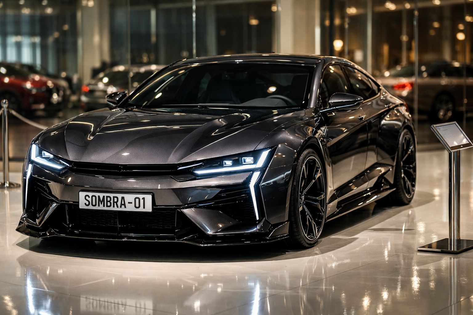 Carro desportivo cinza escuro com faróis LED e matrícula "SOMBRA-01" em exposição interior.