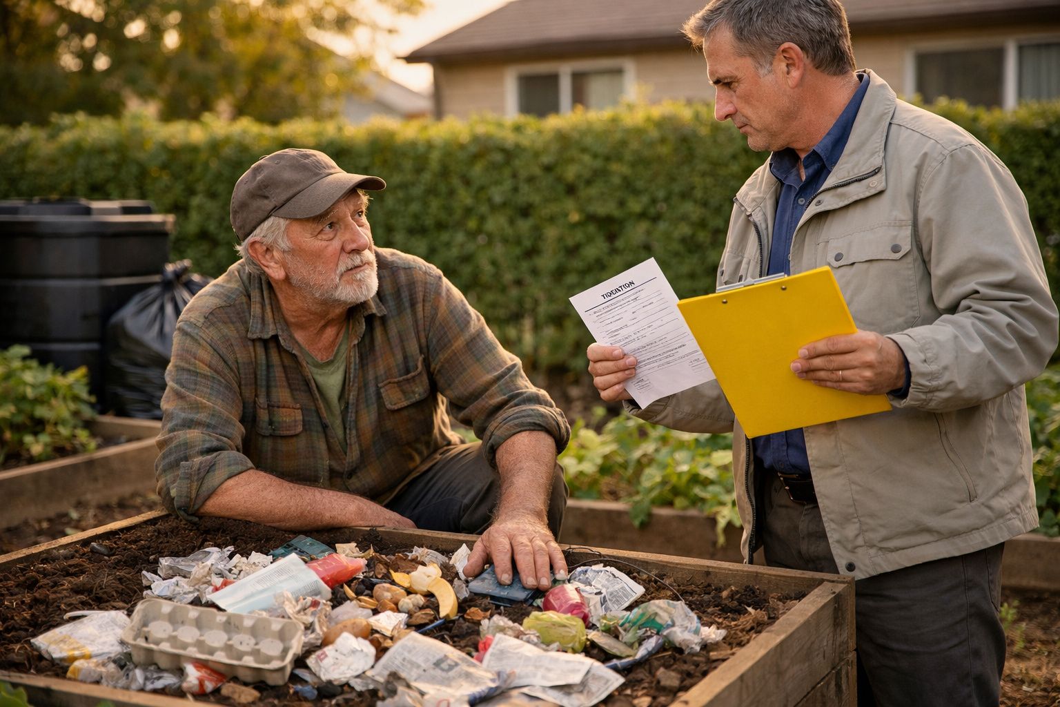 Homem mais velho junto a composteira conversa com técnico que segura clipboard e papel com texto.