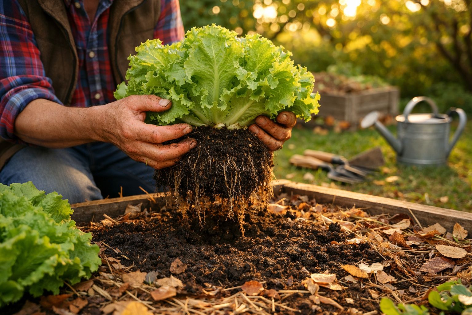 Mãos seguram alface com raízes expostas sobre canteiro de terra num jardim ao ar livre com regador ao fundo.