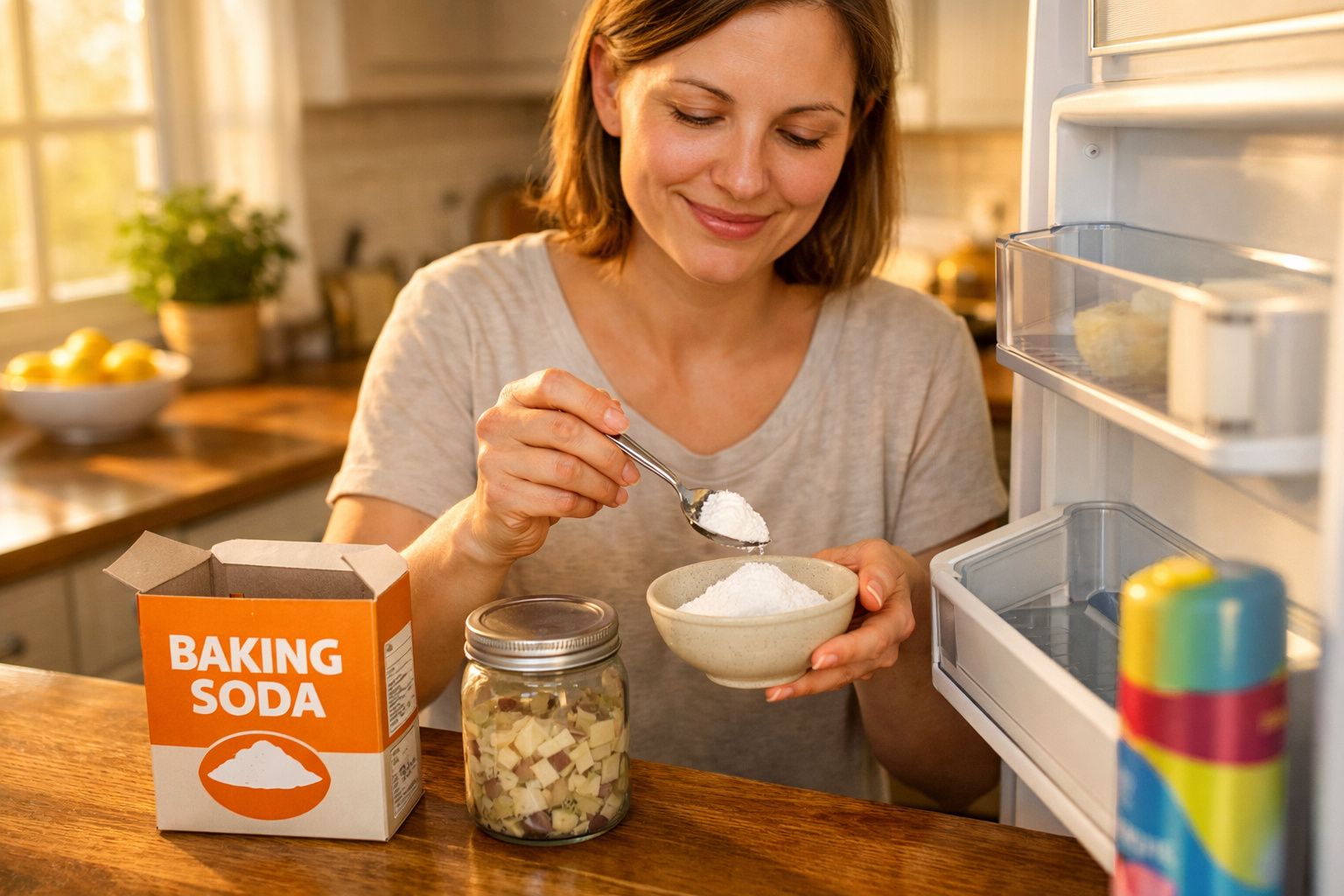 Mulher a colocar bicarbonato numa taça, numa cozinha com caixa de bicarbonato e frasco de legumes.