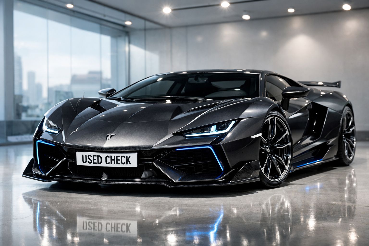 Carro desportivo preto com design futurista estacionado em espaço interior moderno.