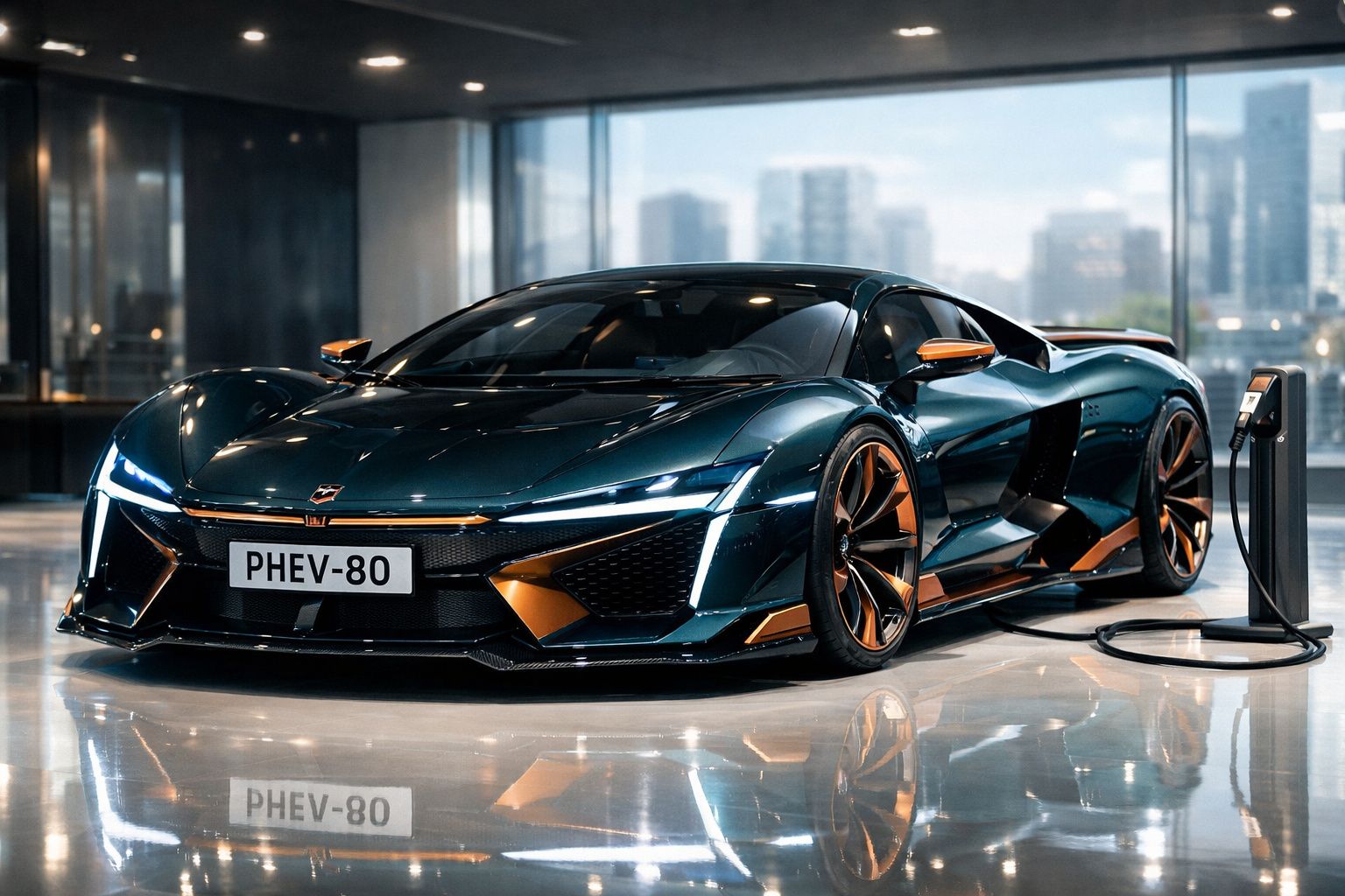 Carro desportivo elétrico preto com detalhes dourados a carregar numa estação de carregamento interior.