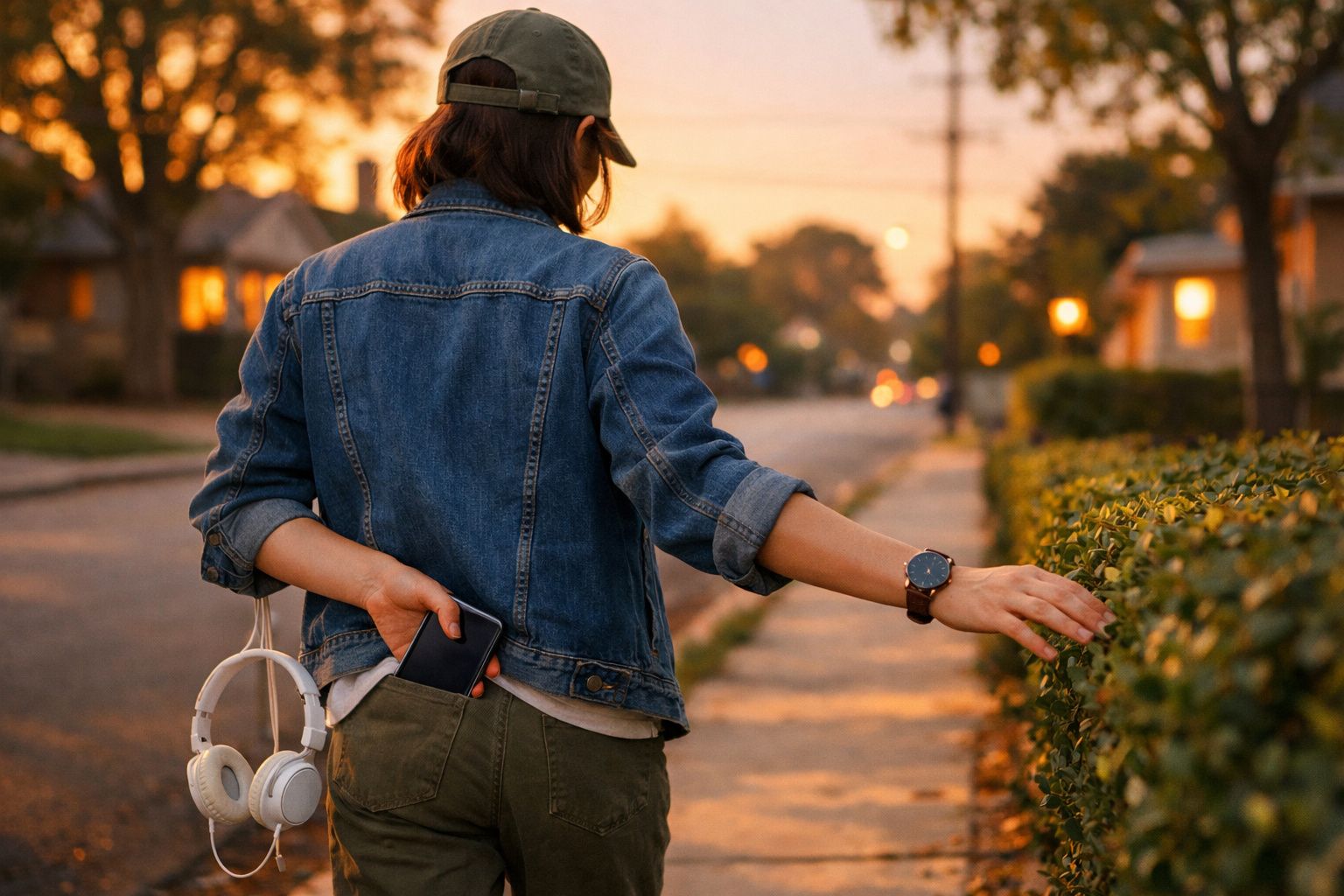 Pessoa de casaco de ganga e boné com auscultadores na mão toca em sebe num passeio ao pôr do sol.