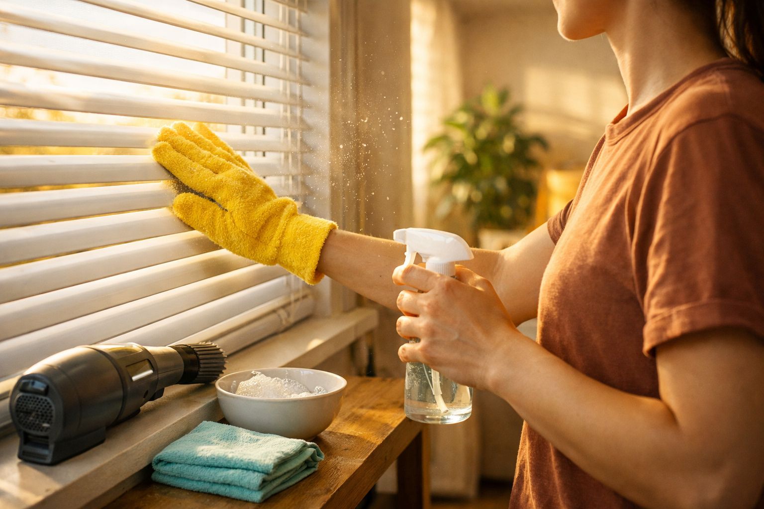 Pessoa com luvas amarelas a limpar persianas brancas com spray, pano e secador num ambiente doméstico iluminado.