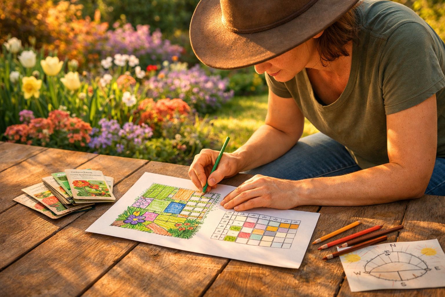 Pessoa a desenhar um plano colorido de jardim numa mesa de madeira, rodeada de flores e sementes.