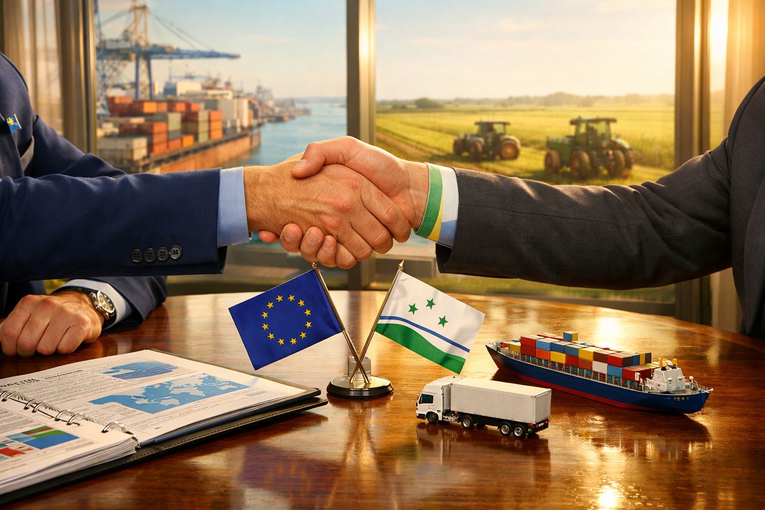Dois homens apertam as mãos numa mesa com bandeiras, documentos, um camião e um navio de contentores.