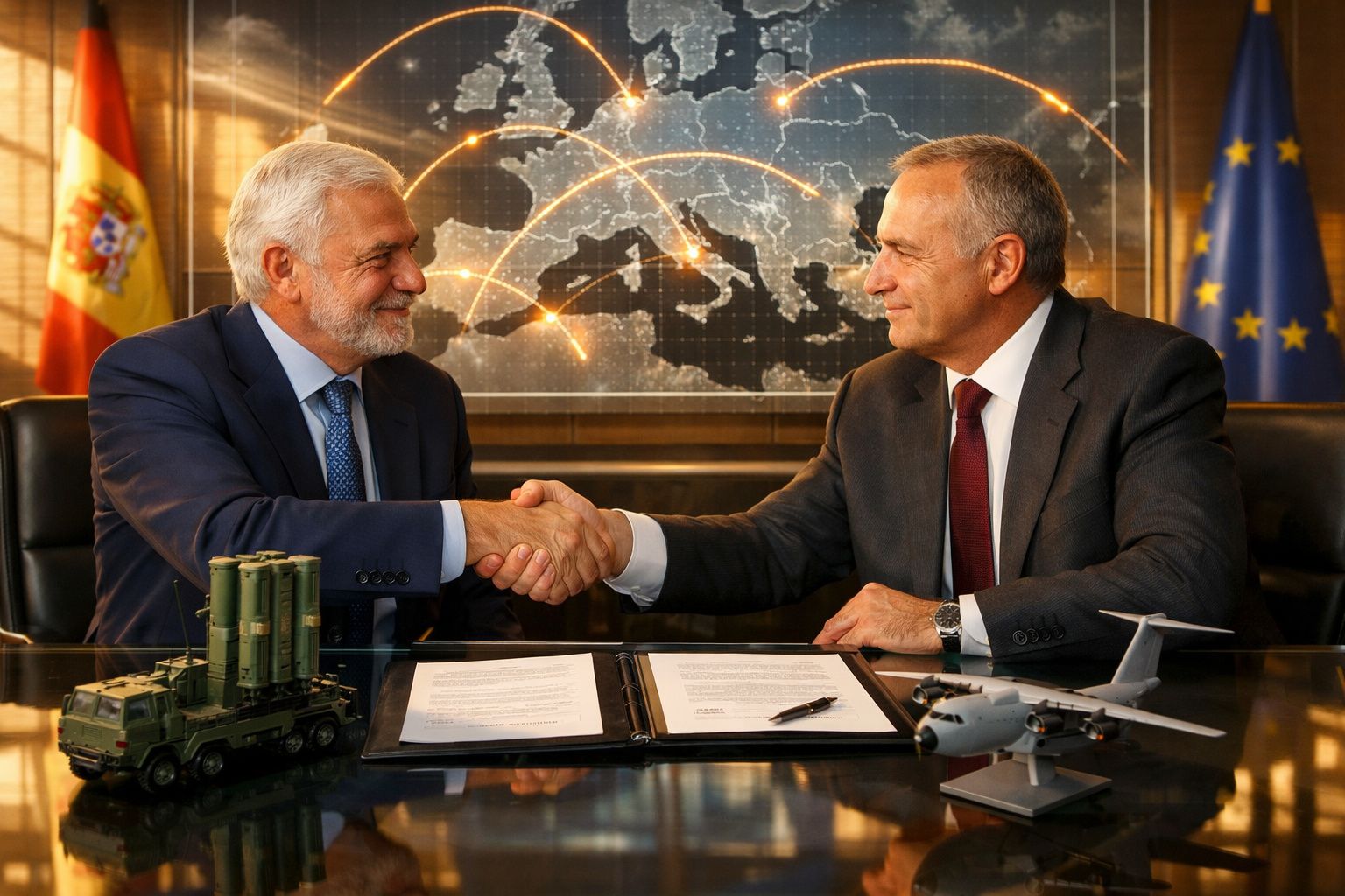 Dois homens de fato apertam as mãos sobre uma mesa com documentos, miniaturas militares e bandeiras ao fundo.