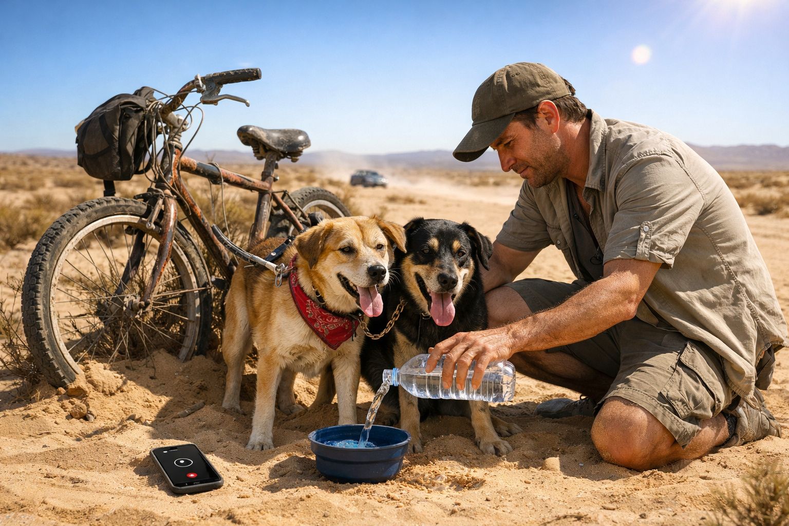 Homem de chapéu a dar água a dois cães junto a uma bicicleta numa paisagem árida e seca.