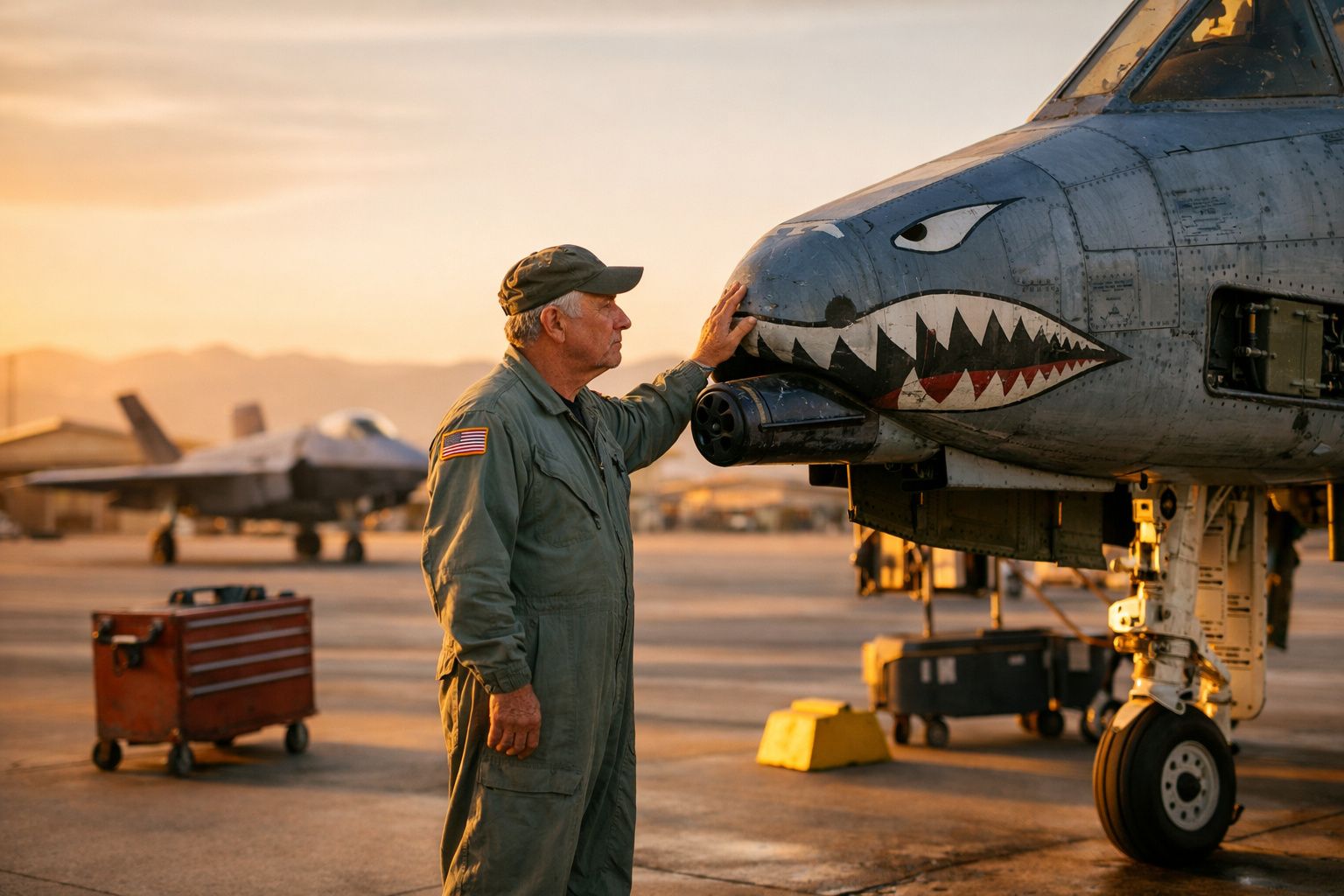 Homem em uniforme militar toca a frente de avião com pintura de boca de tubarão ao pôr do sol.