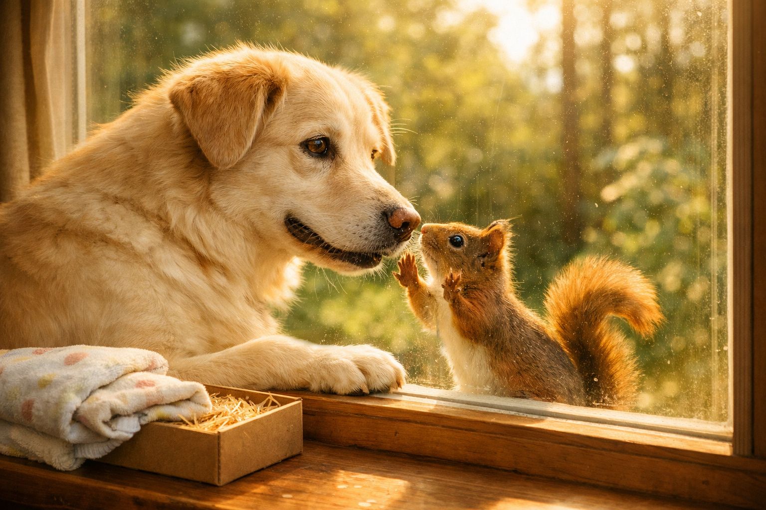 Cão e esquilo tocam focinhos através de uma janela com luz suave ao entardecer.