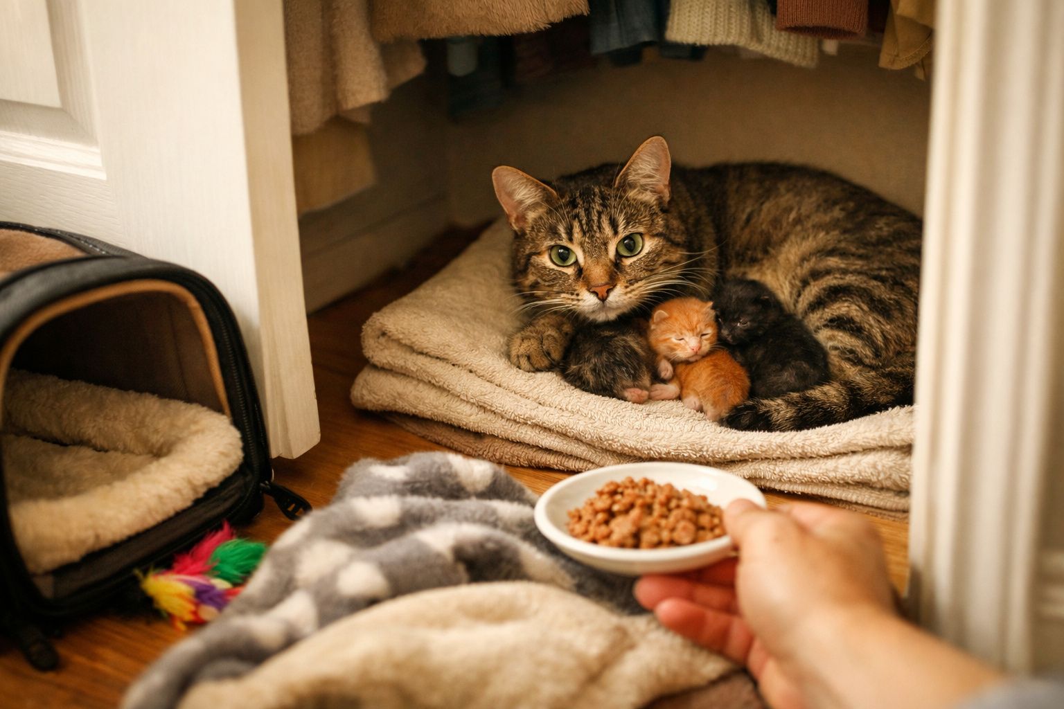 Gata com dois gatinhos recém-nascidos num cobertor, enquanto uma mão oferece comida num prato.