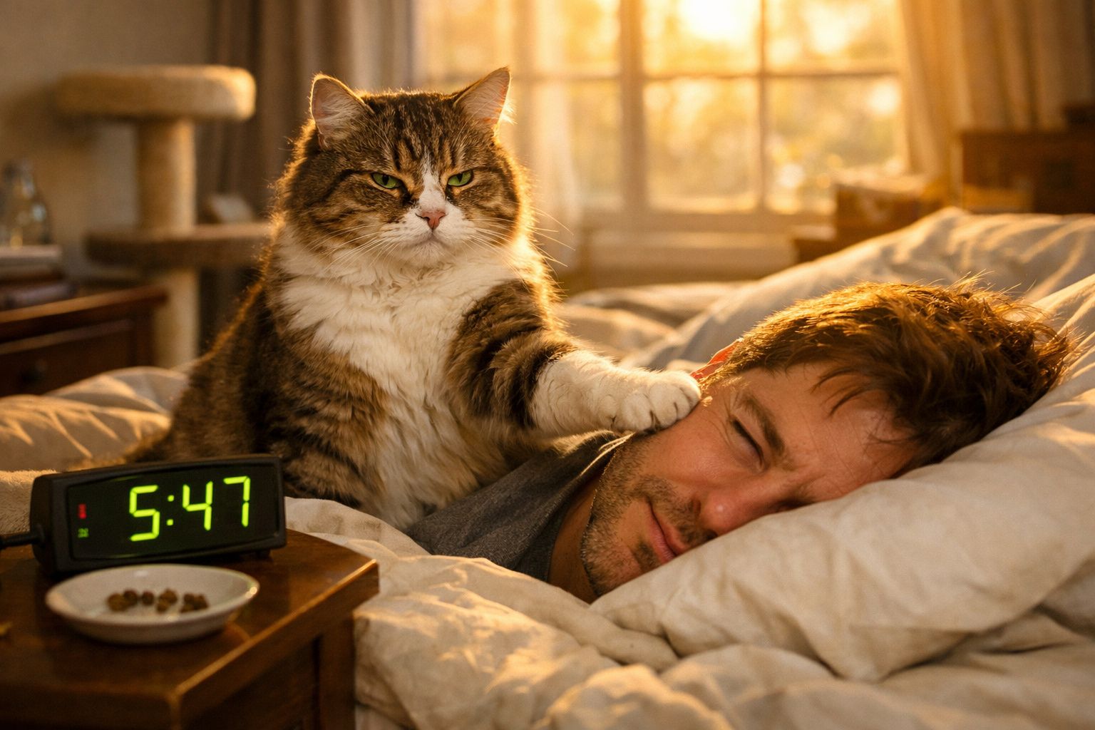 Gato a acordar homem na cama com a pata, ao lado de relógio digital marcando 5:47, luz quente da manhã.