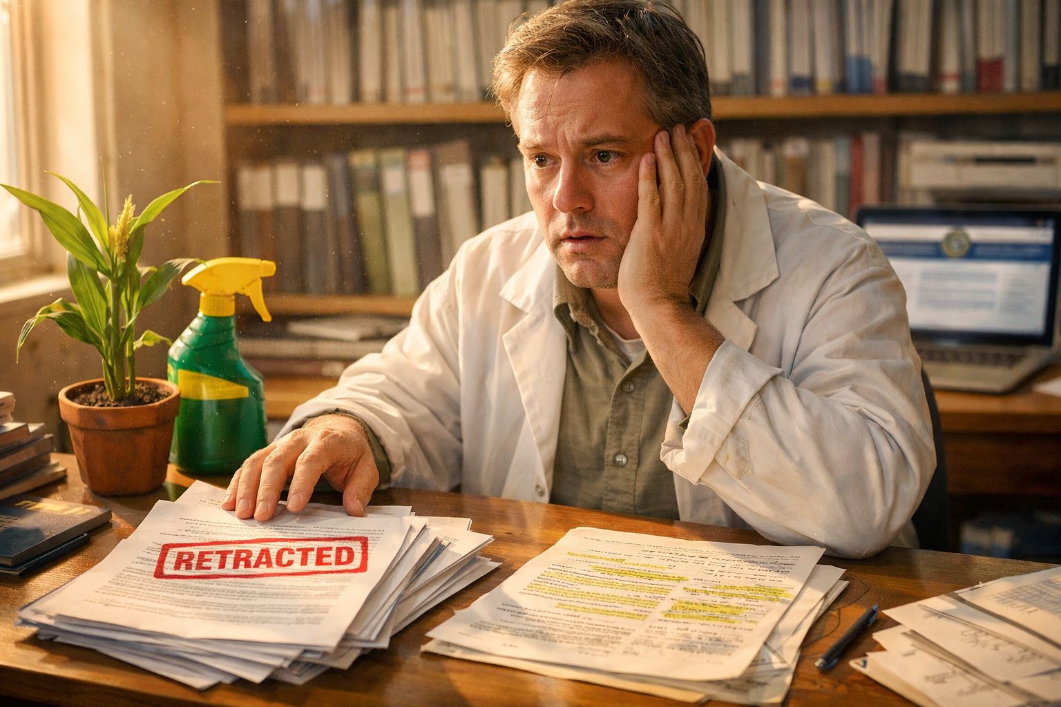 Homem preocupado com bata branca sentado à mesa cheia de papéis, um com selo "retracted".