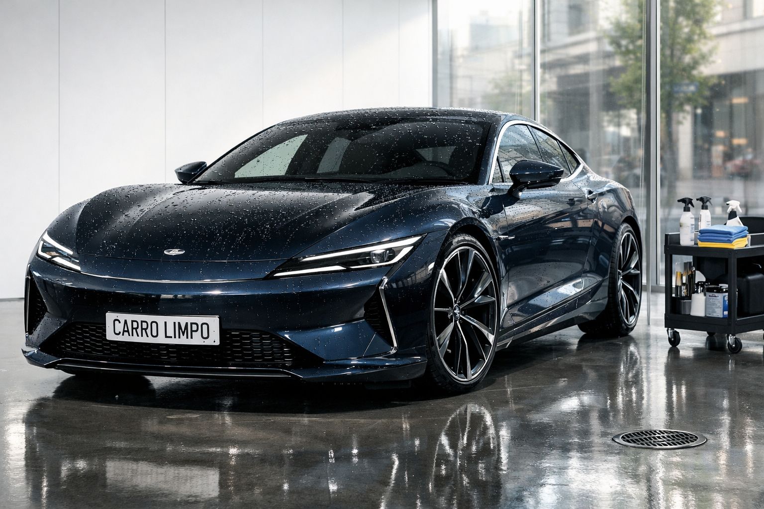 Carro desportivo preto com gotas de água estacionado em piso brilhante dentro de garagem moderna.