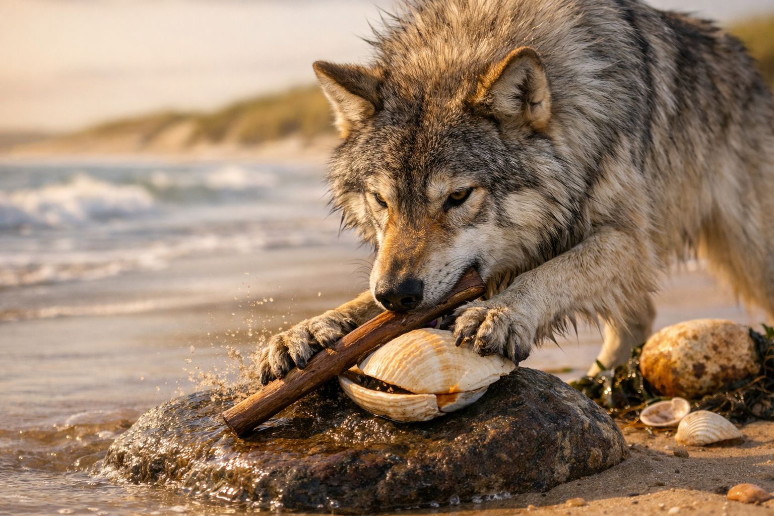 Lobo cinzento junto ao mar a partir uma concha grande com um pau numa rocha molhada na praia.