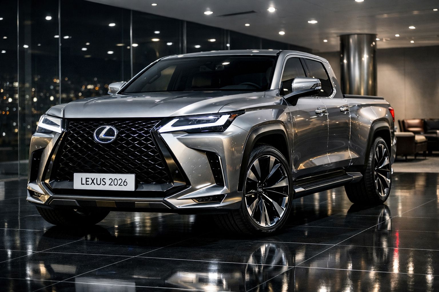Picape Lexus 2026 prata com design moderno exposta num showroom com iluminação sofisticada.