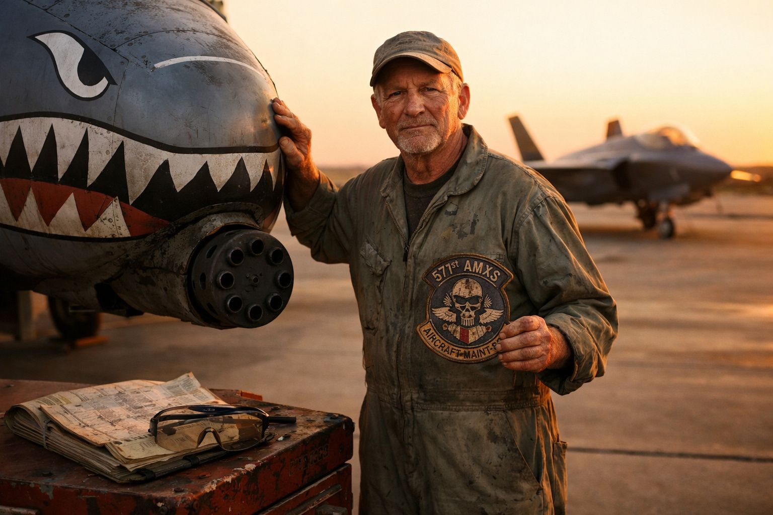 Homem em fato de aviação com boné, encostado em avião militar pintado com rosto de tubarão ao pôr do sol.