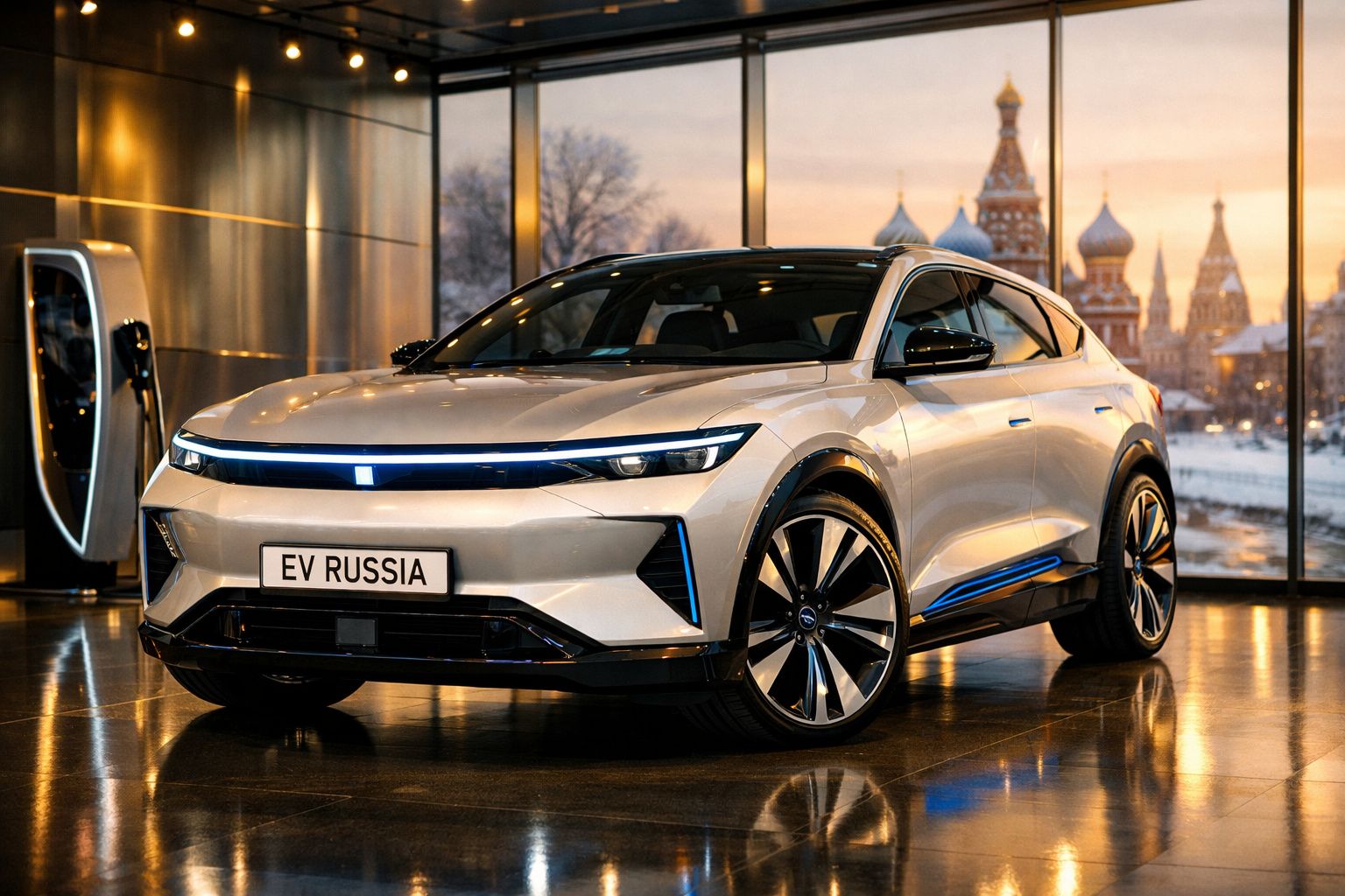 Carro elétrico branco estacionado num salão com janela para uma cidade russa ao pôr do sol