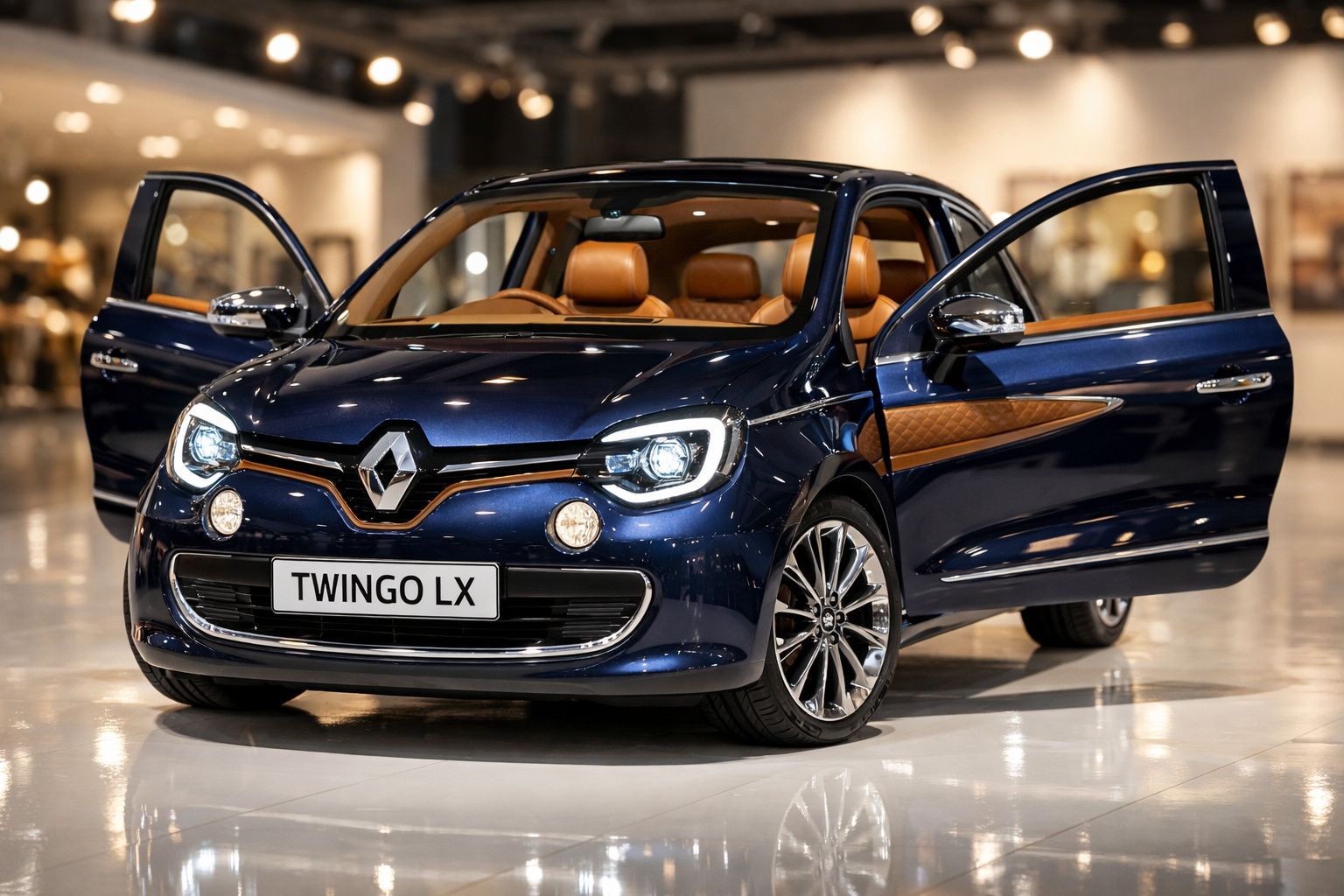 Renault Twingo LX azul com portas dianteiras abertas e interior de couro castanho exposto.