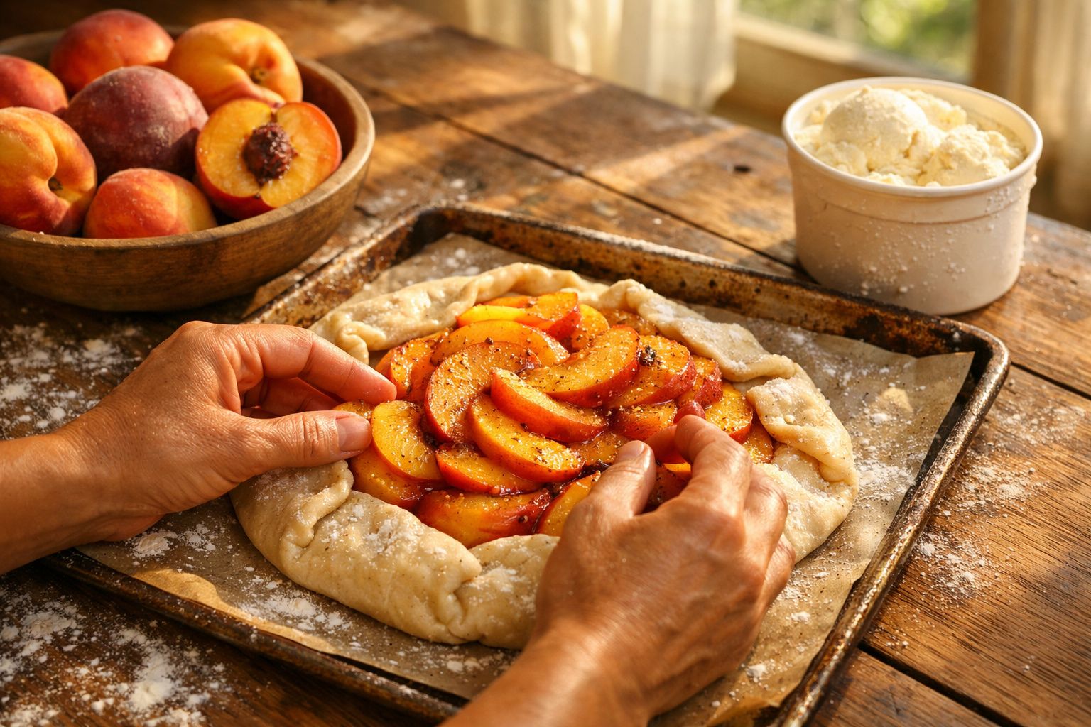 Mãos a preparar uma tarte rústica de pêssego numa travessa com tigela de pêssegos e gelado ao fundo.