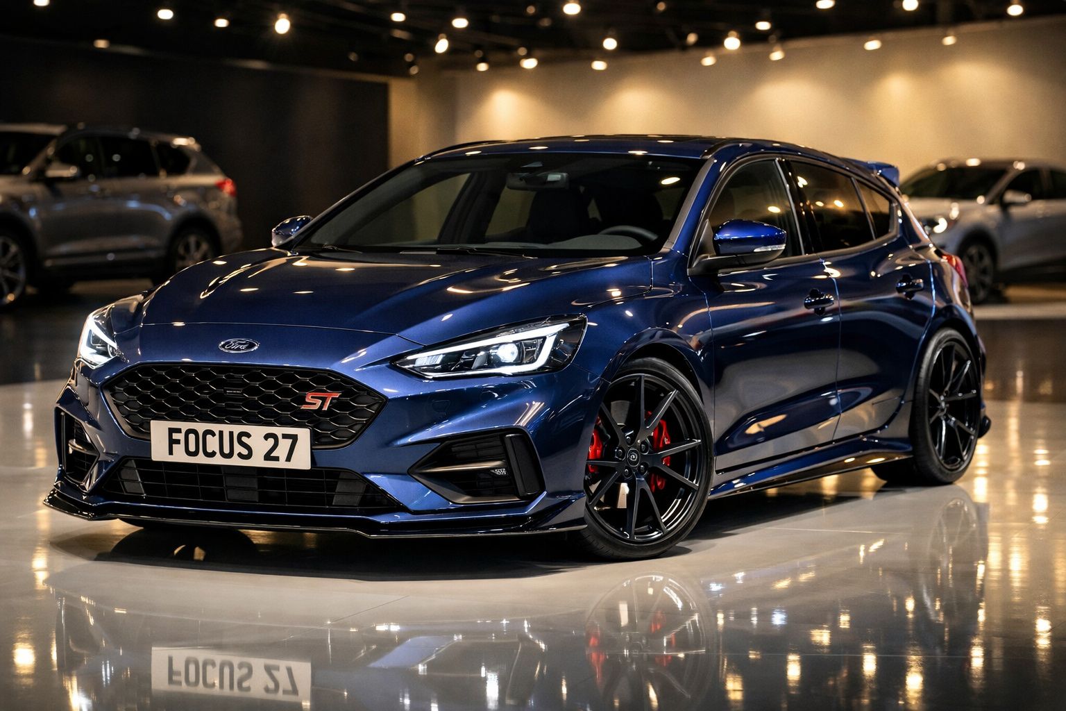 Carro desportivo azul Ford Focus ST estacionado em ambiente interior moderno e iluminado.