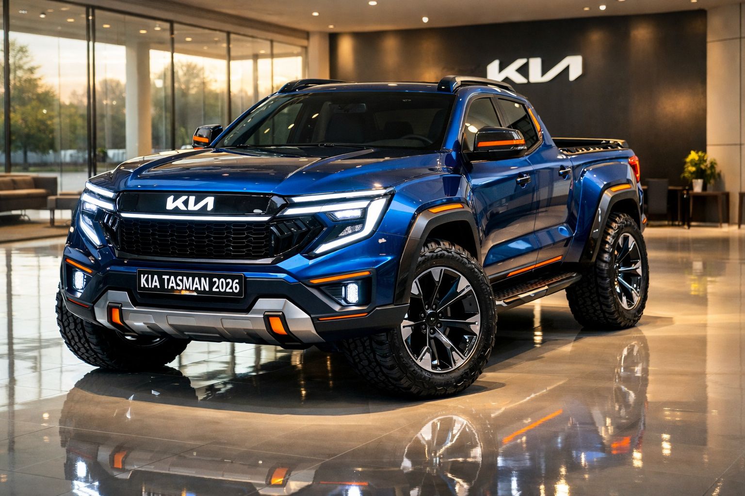 Carrinha Kia Tasman 2026 azul exibida em showroom moderno com luzes LED e pneus off-road robustos.