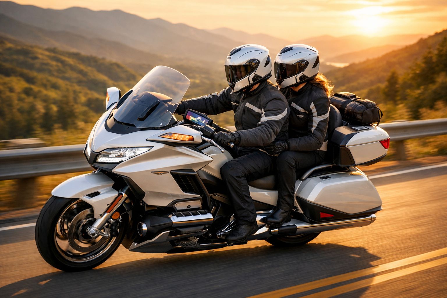 Casal vestido de mota e capacete branco a conduzir por estrada sinuosa ao pôr do sol.