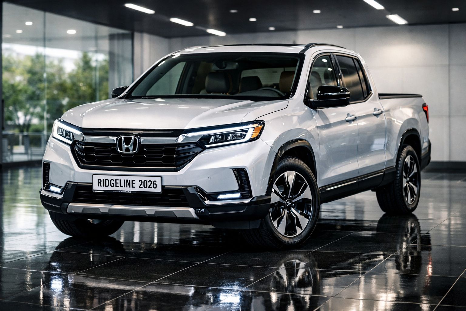 Picape Honda Ridgeline 2026 branca estacionada em piso de interior reflexivo.