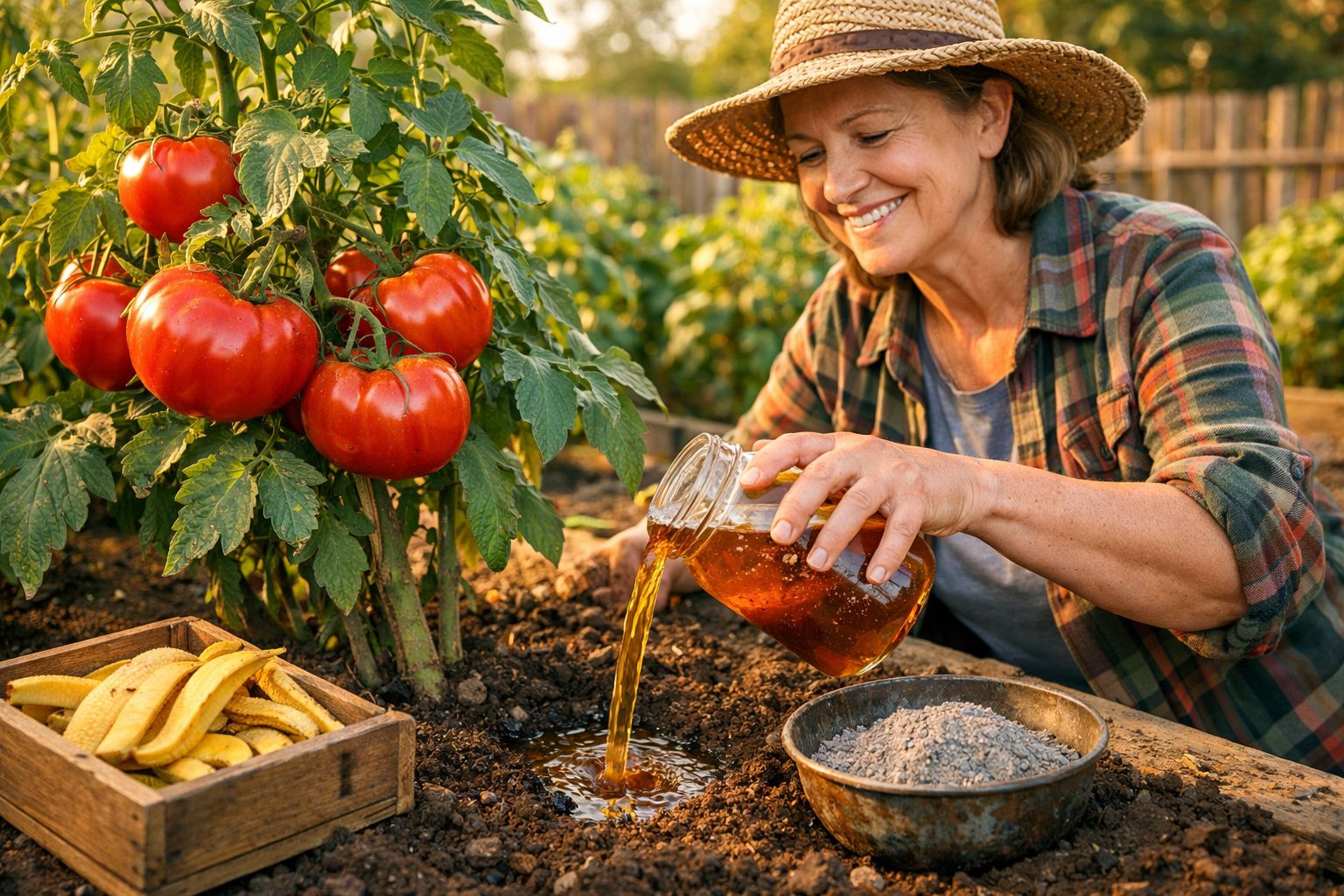 Mulher rega tomateiras com líquido dourado, à frente caixa com cascas de banana e tigela com cinza.