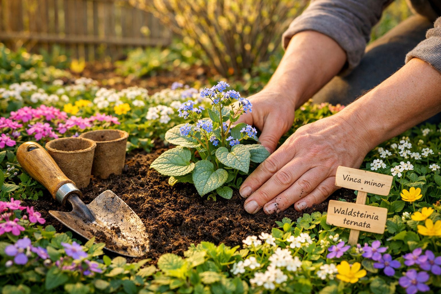 Mãos a plantar flor azul num canteiro com terra solta, pá de jardim e etiquetas com nomes das plantas.