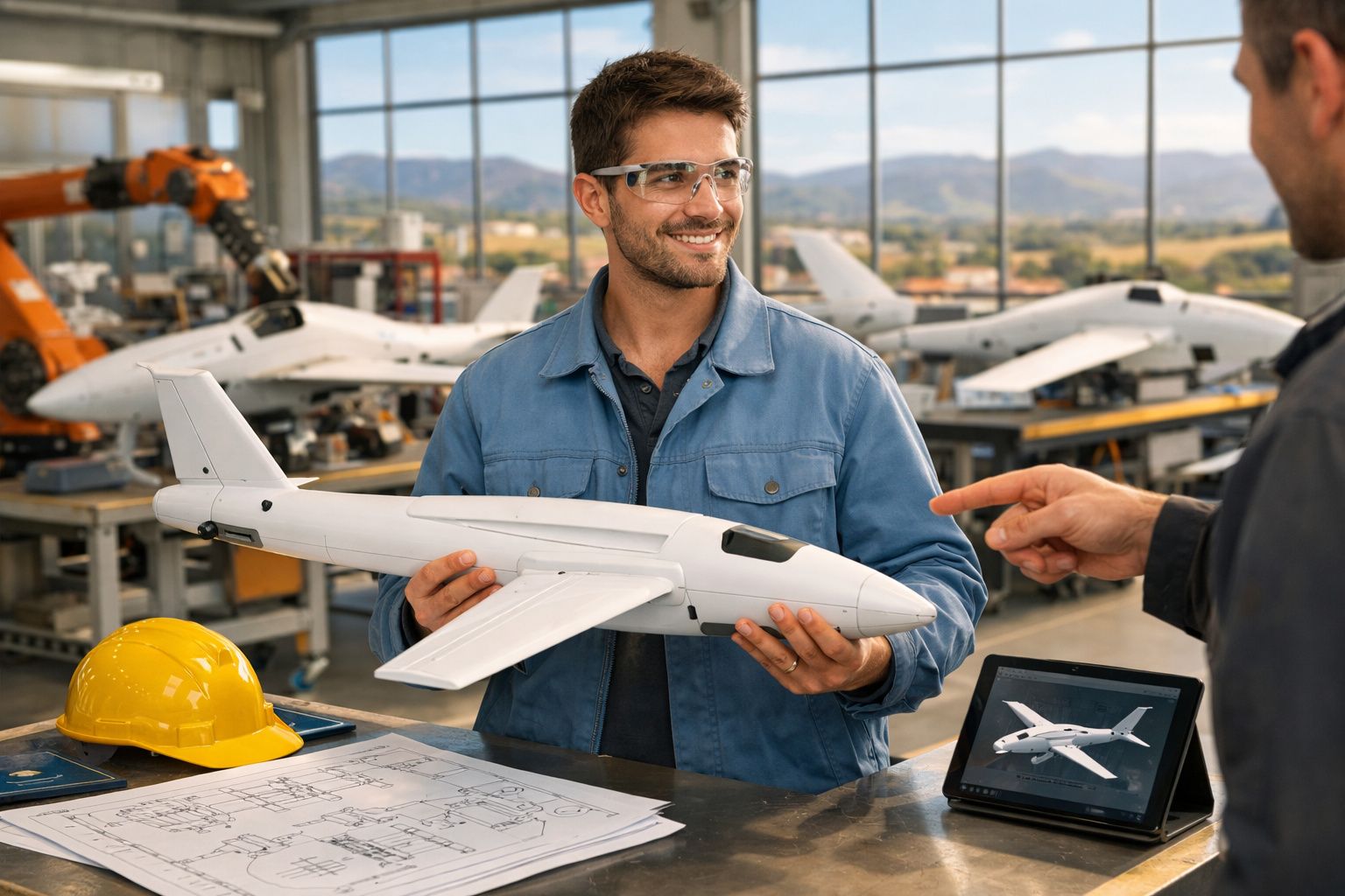Engenheiro com óculos de segurança segura modelo de avião em oficina, enquanto colega aponta para ele.