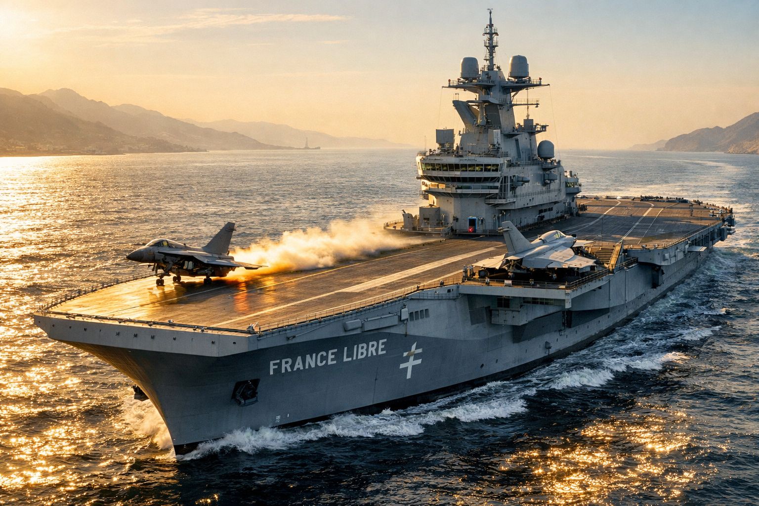 Porta-aviões France Libre em mar aberto ao pôr do sol com um avião a descolar e outro estacionado.